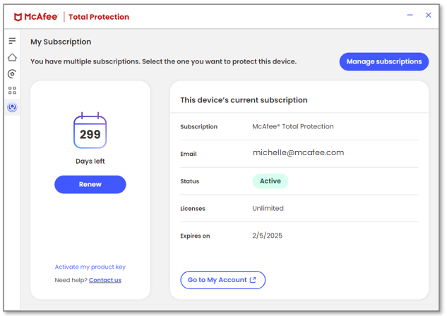 administrar suscripciones mcafee